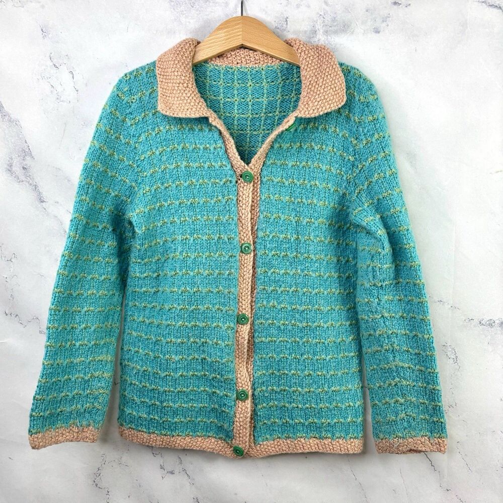 Vtg 40s 50s Handmade Cardigan Sweater Girl 10 Y Teal Chunky Cable Knit Granny